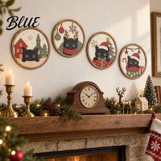 Holiday Wall Ornaments Christmas Black Cat Decor, Layered Wooden Hanging Sign, Round 2D Decorative Plaques Flat Art Decoration for Living Room Bedroom