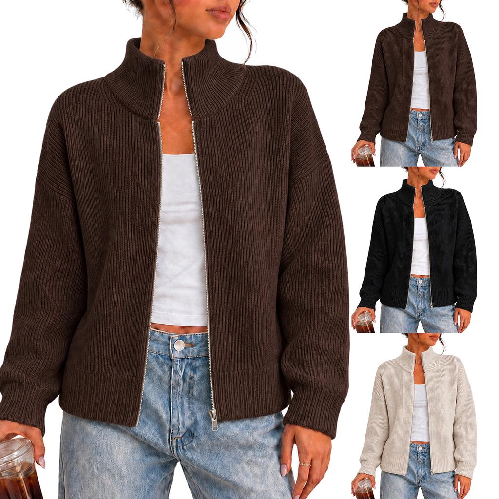 Women's Semi-High Neck Zippered Knit Cardigan, Strip Thickened Premium Coat, Versatile Top for Spring, , and Winter