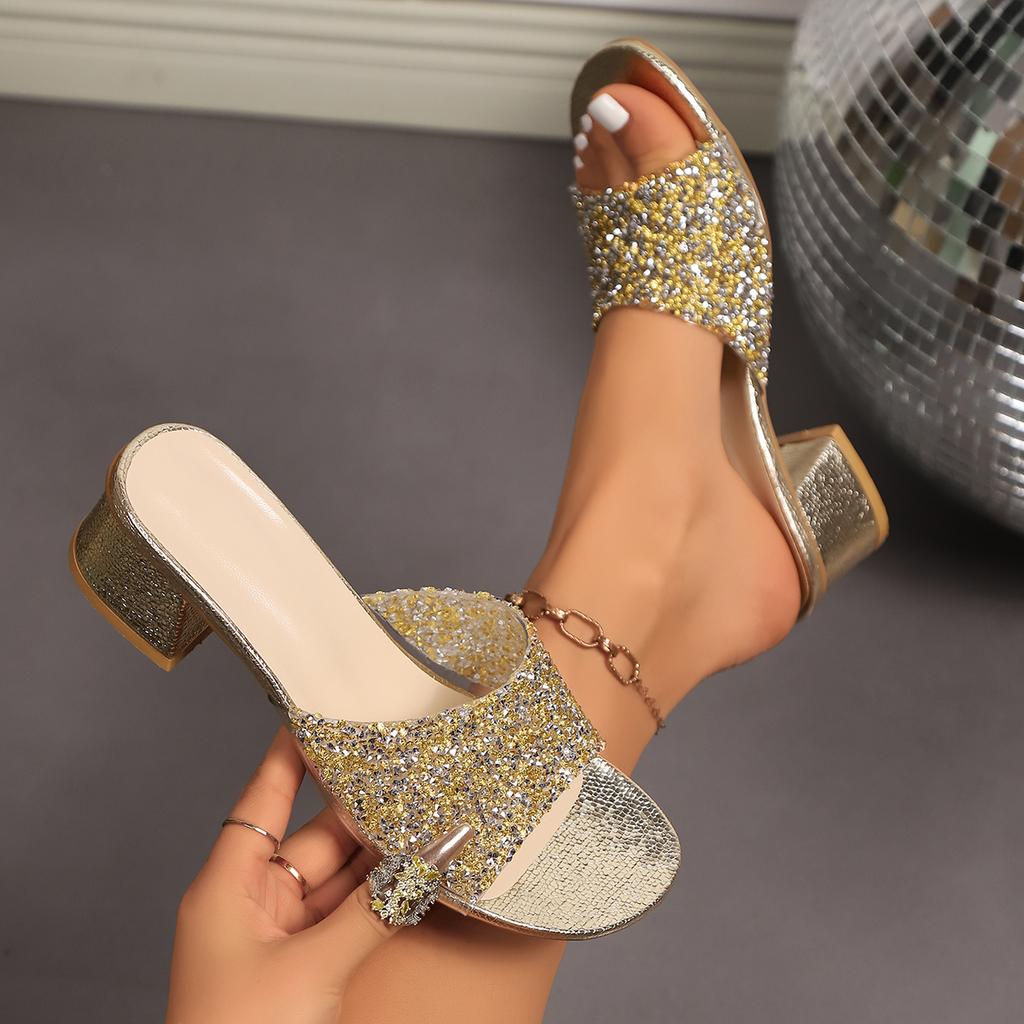 Fashion 2025 Summer New Women's High Heels Slippers Luxury Fashion Terrace Thick Heel Sandals Female Elegant Sequin Design Women's Shoes