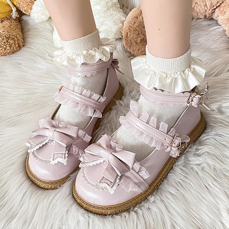 Rimocy Patchworkowe Koronkowe Buty Mary Jane Damskie Skóra PU Urocza Kokardka Płaskie Buty Damskie Platforma Niebieskie Różowe Pasek na Kostkę Buty Lolita