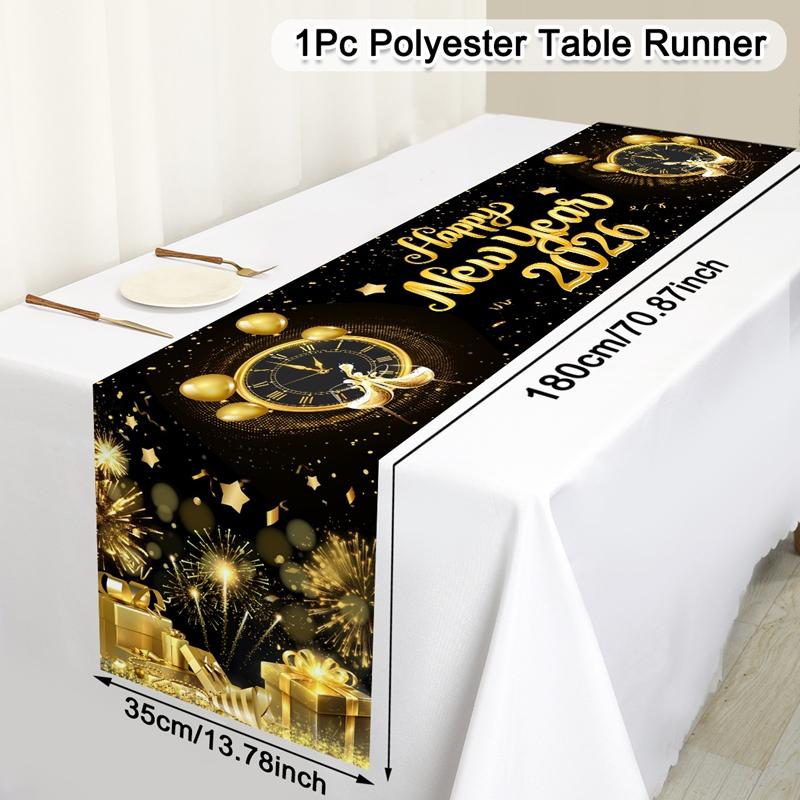2026 Happy New Year Table Runner Fireworks Champagne Polyester Table Cover For New Year Party Kitchen Dining Table Decorations