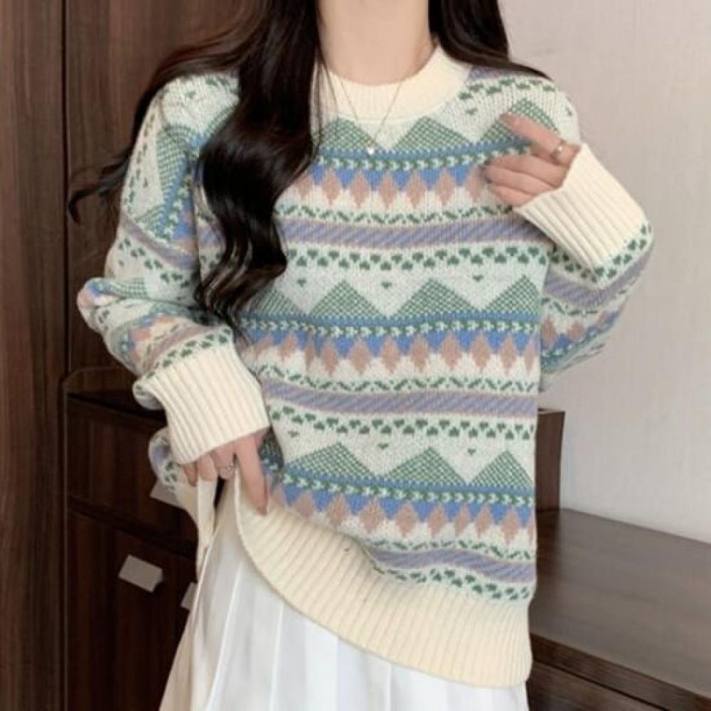 Navava EThnic PaTTern PoinT Round Neck Long Sleeve KniT T Nk3327