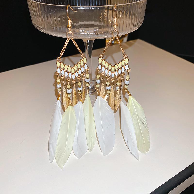 Bohemian Ethnic Style Feathers Fringed Earrings Ear Hooks Personalized Vacation Wind Ears