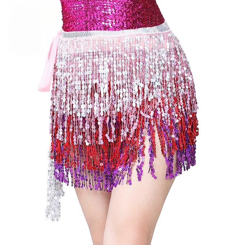 New Belly Dance Layer Sequins Skirt Tassel Chain Belt Wrap Party Club Indian Latin Hula Dancer Dress Performance Hip Waist Scarf