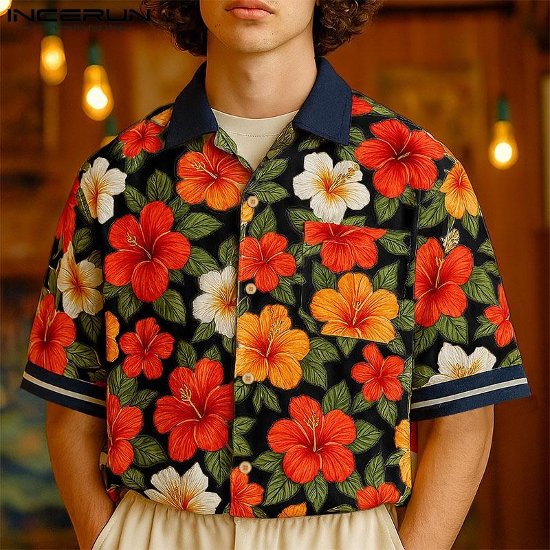 

INCERUN Summer Men Lapel Neck Short Sleeve Floral Print Stitching Casual Oversized Hawaiian Shirts 4XL