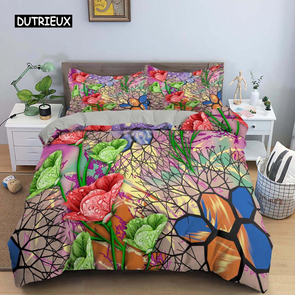 Vintage Blume König Königin Bettbezug, Pfingstrose Sonnenblume Bettwäsche-Set, Tropischer Blumen Steppdeckenbezug Boho Bettdeckenbezug