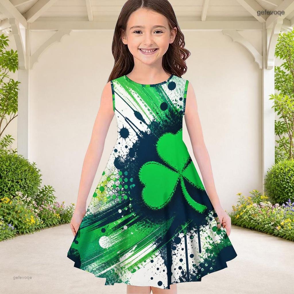Girls Sleeveless Round Neck Shamrock Clover Printed Dark Green A Line Flared Hem Dress