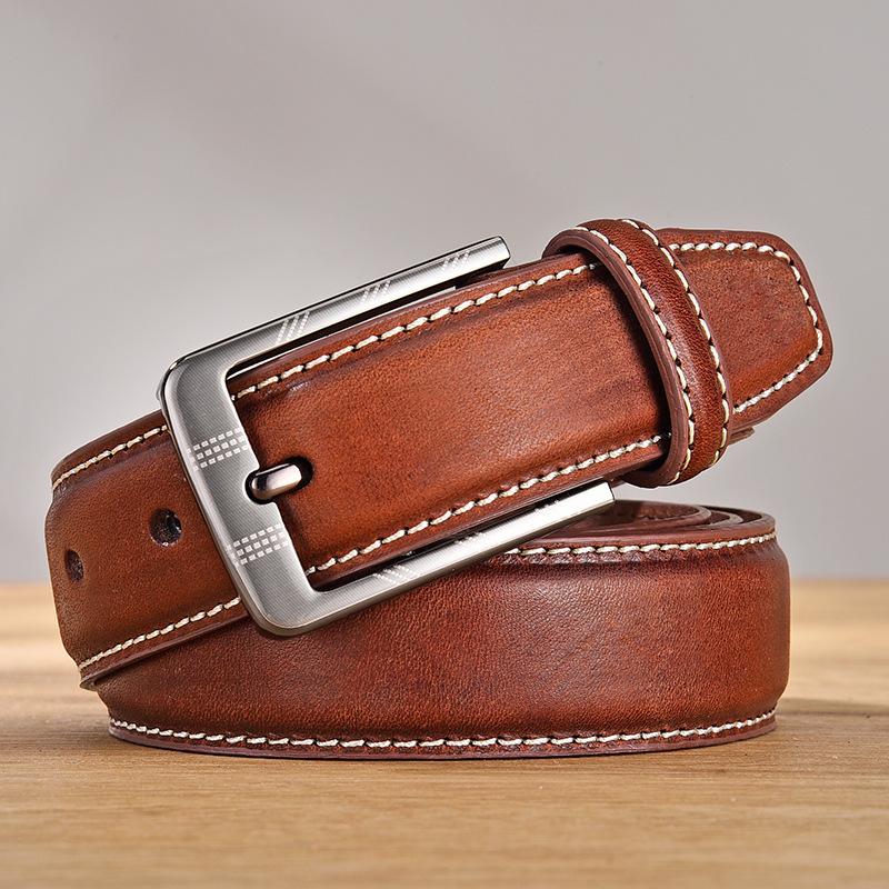 Men'S Business Single-Pin Buckle First-Layer Cowhide Belt, Retro Wear-Resistant Pure Cowhide Leather Belt