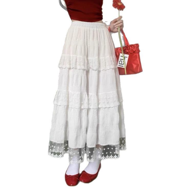 Lace-trimmed Sprin Summer Skirt – New Spring Collection High-waisted Sweet and Slimming Long Skirt Design – White Tiered Skirt