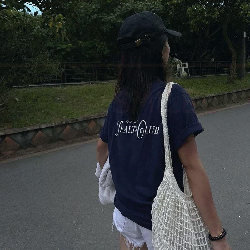 

Health Club Short-Sleeved T-shirt Women s Shoulder Summer New Arrival American Retro Sports Style Cotton round Neck Half Sleeve Tide Navy blue S