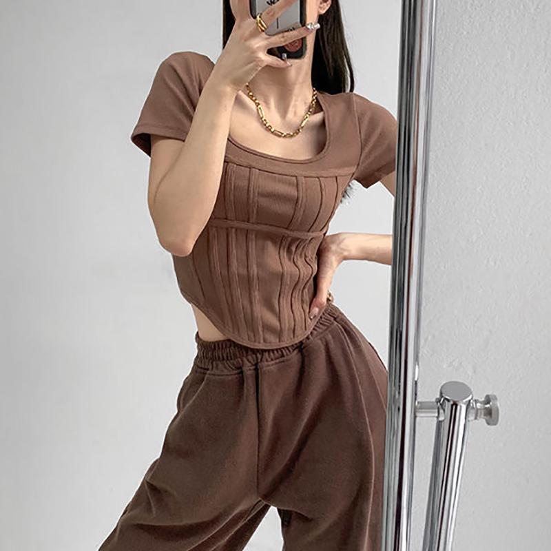 Léto Bright Line Černá Bílá Šedá Tričko Ženy Tenký čtvercový výstřih Krátký rukáv Oříznuté topy Dámské Trička pro volný čas