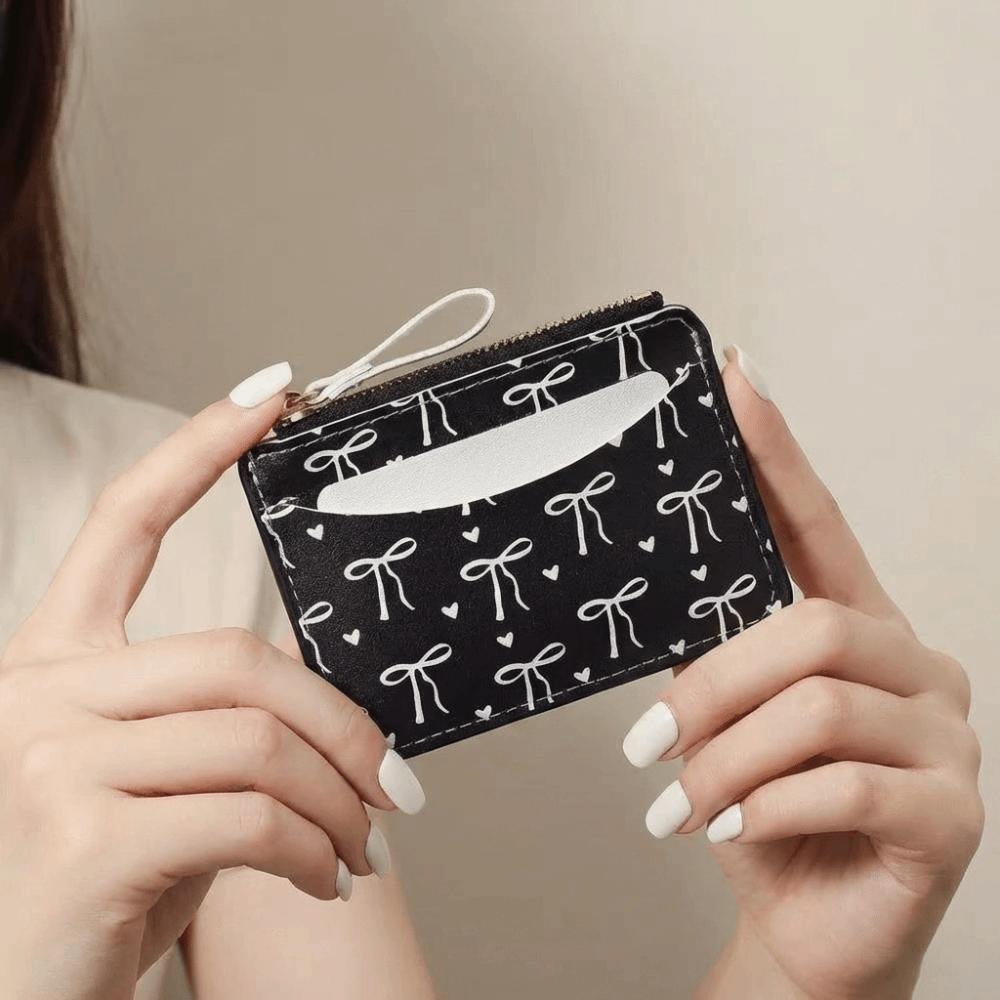 Zipper Bow Wallet PU Leather Card Holder Portable Short Card Bag Daily