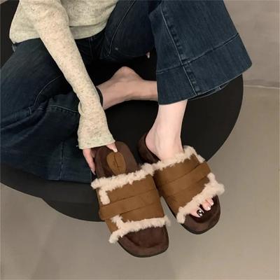 Womens Thick Sole Slippers High Quality Ins Style Versatile Square Head Home Open Toe Plush Slippers Spring Autumn Mujer Zapatos