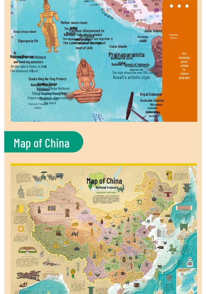 Mappa del Mondo Cinese da Parete: 2 Fogli Versione Bambini, Adesivo Murale Tesoro Nazionale & Decorazione