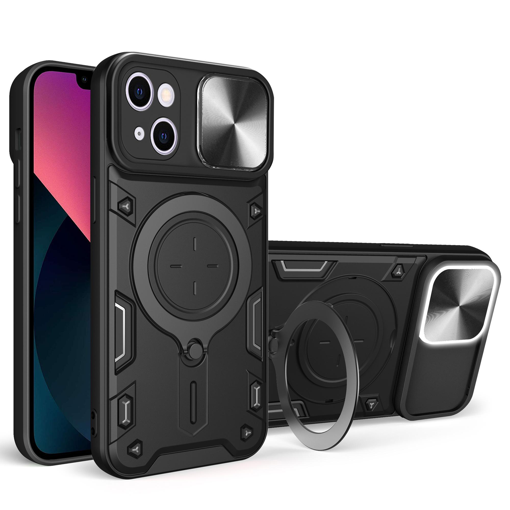 

For iPhone 13 6.1 inch Slide Camera Guard Phone Case PC+TPU Drop-proof Cover with Rotating Kickstand Black