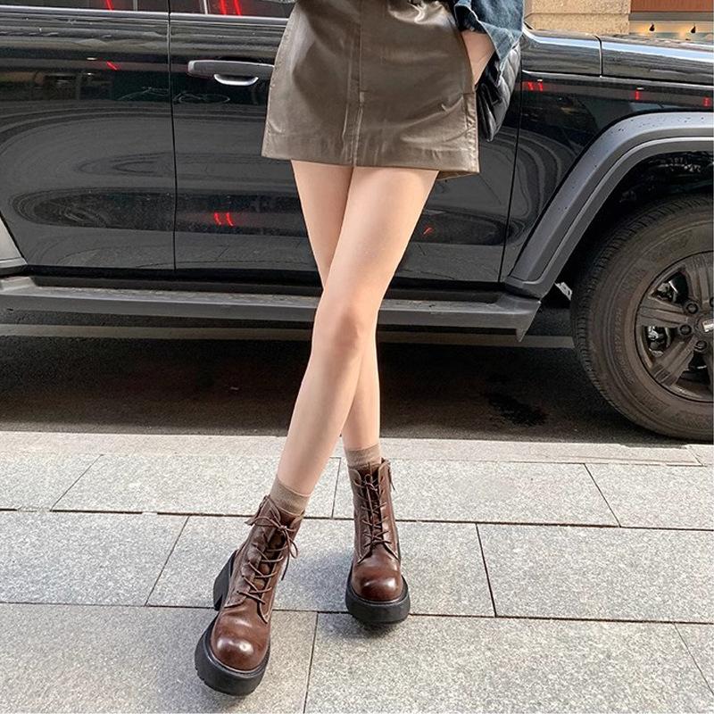 Cowhide Version Leg Essence Spice Girl Heavy Shrinkage Cowhide Lace-up Side Zipper Thick Heel Short Boots Locomotive Outdoor Martin Boots Women