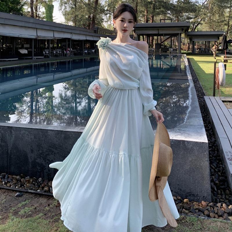 French Temperament High-end Vacation One-word Collar Mint Green Spring and Summer Dress Sunscreen