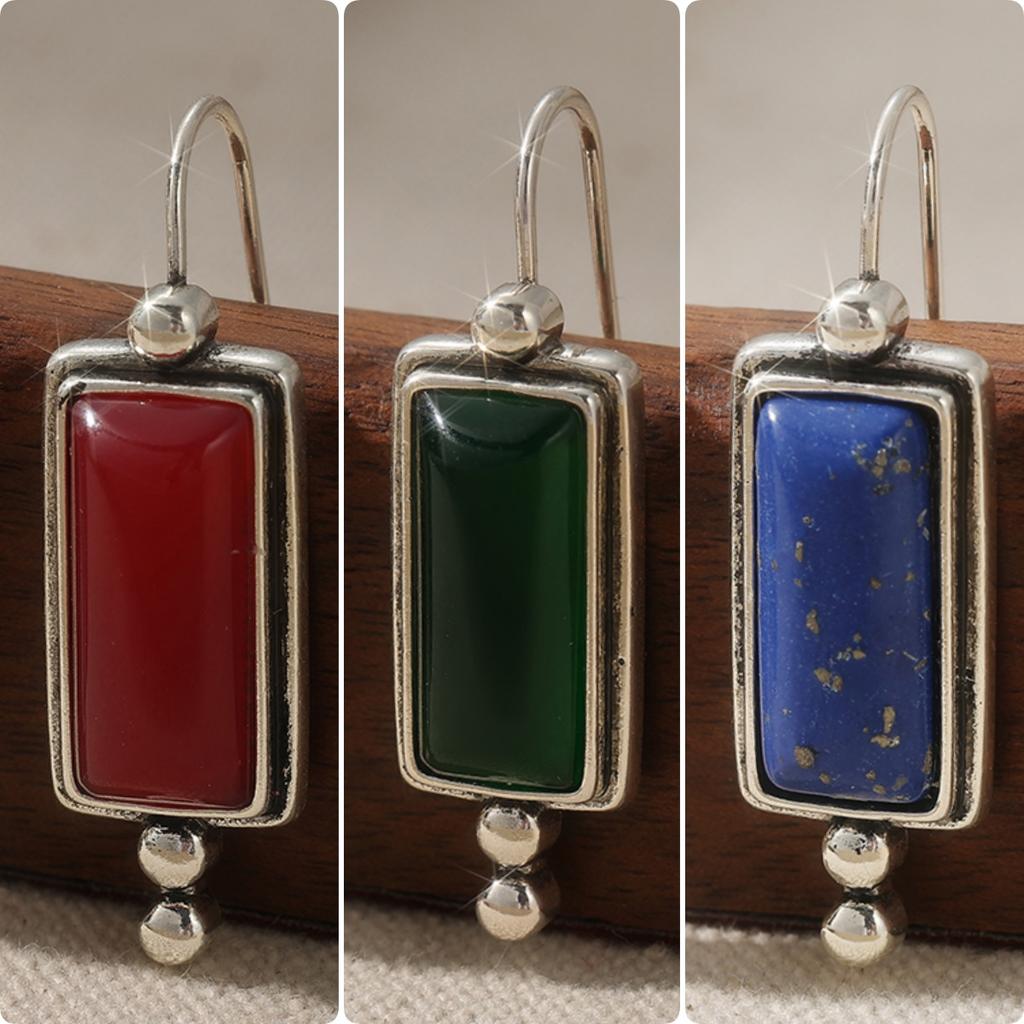 Vintage Synthetic Turquoise Silvery Plated Pendant Earrings Women's Ethnic Style Versatile Festival Commemorative Gifts