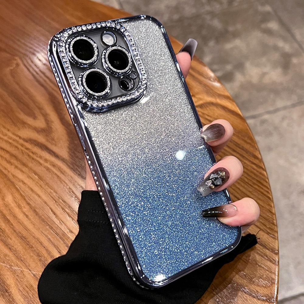 Suitable for IPhone16promax Phone Case Electroplated Edge Diamond, Apple 15 Silicone Case 1314 Gradient Glitter