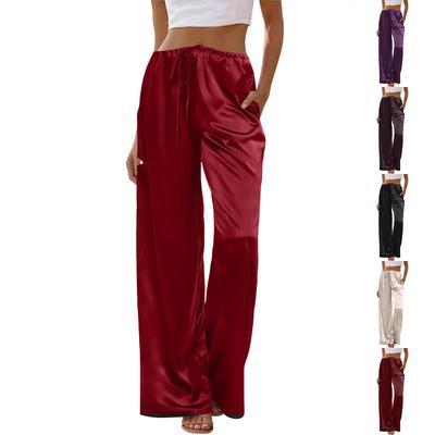 Damen Satin Weite Hosen Hohe Taille Lockerer Schnitt Kordelzug Hose mit Taschen Bequeme Loungewear