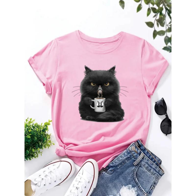 Femeii drăguț cafea bea pisică tricou vară moda mânecă scurtă tricou tee topuri O-gât casual tricou haine pentru femei