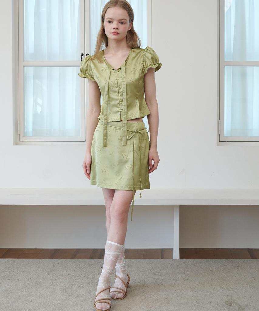 Opening Sunshine Strap Belt Satin Mini Skirt Jacquard Olive