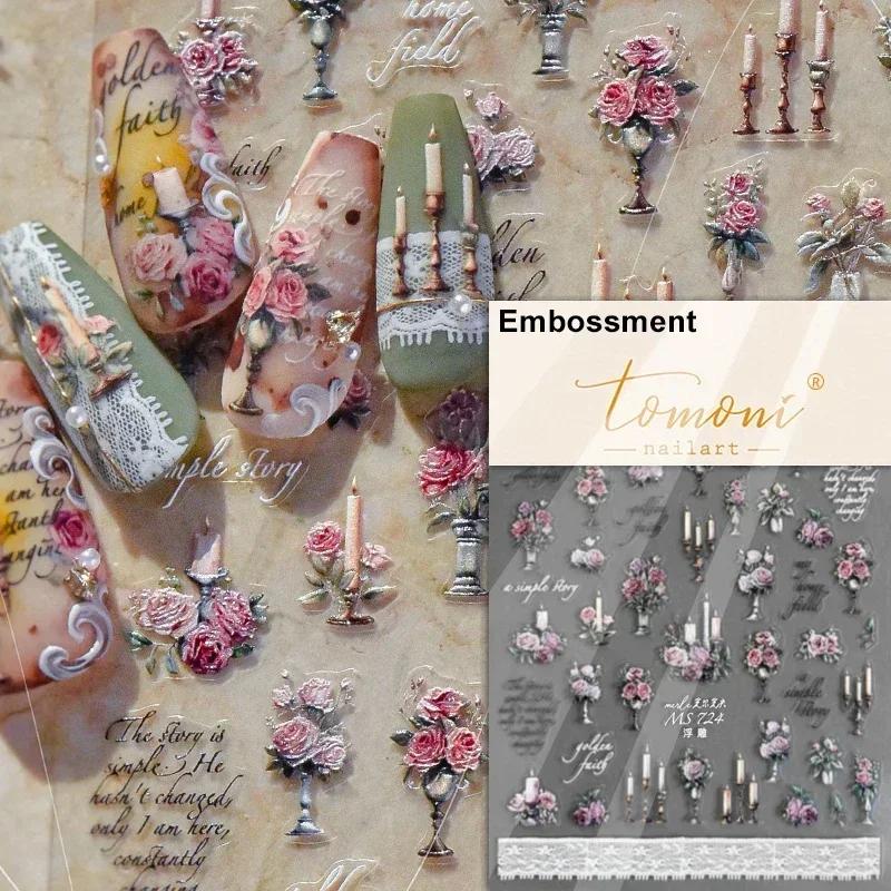 Cherry Blossom Pink Flower Sakura Spring 5D Nail Art Sticker Gold Stamping Soft Adhesive Relief Adhesive Chic Manicure Decals