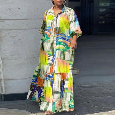 Women's Plus Size Shirt Collar Puff Long Sleeve Printed Loose Dress