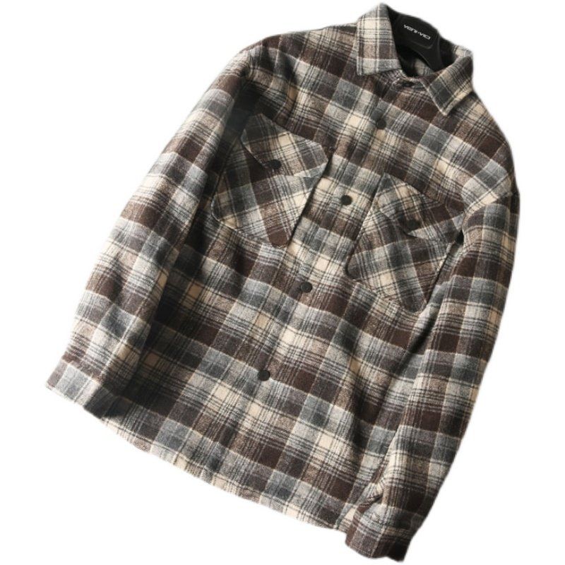 Export Surplus Stock, Label-Cut, Spring Japanese-Style Retro Woolen Plaid Shirt, Men's Long-Sleeve Korean Fashion Casual Jacket