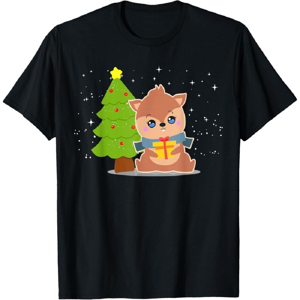 Weihnachts Streifenhörnchen Schneebedeckter Nachthimmel Niedliche Grafik Mädchen Damen T-Shirt
