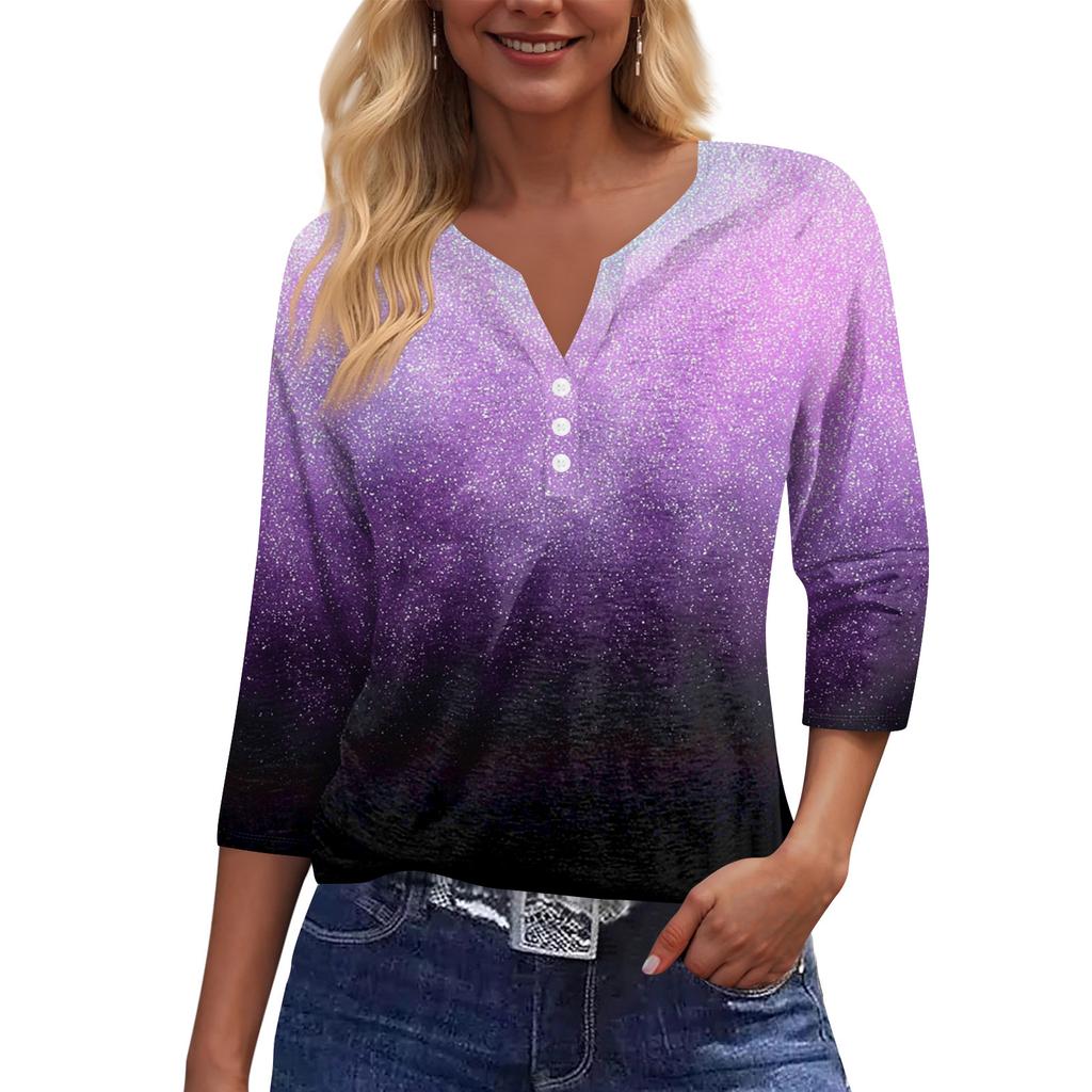 Women's T Shirt Tee Print Button 3/4 SleeveDaily Weekend Fashion Basic V, Neck Regular Top