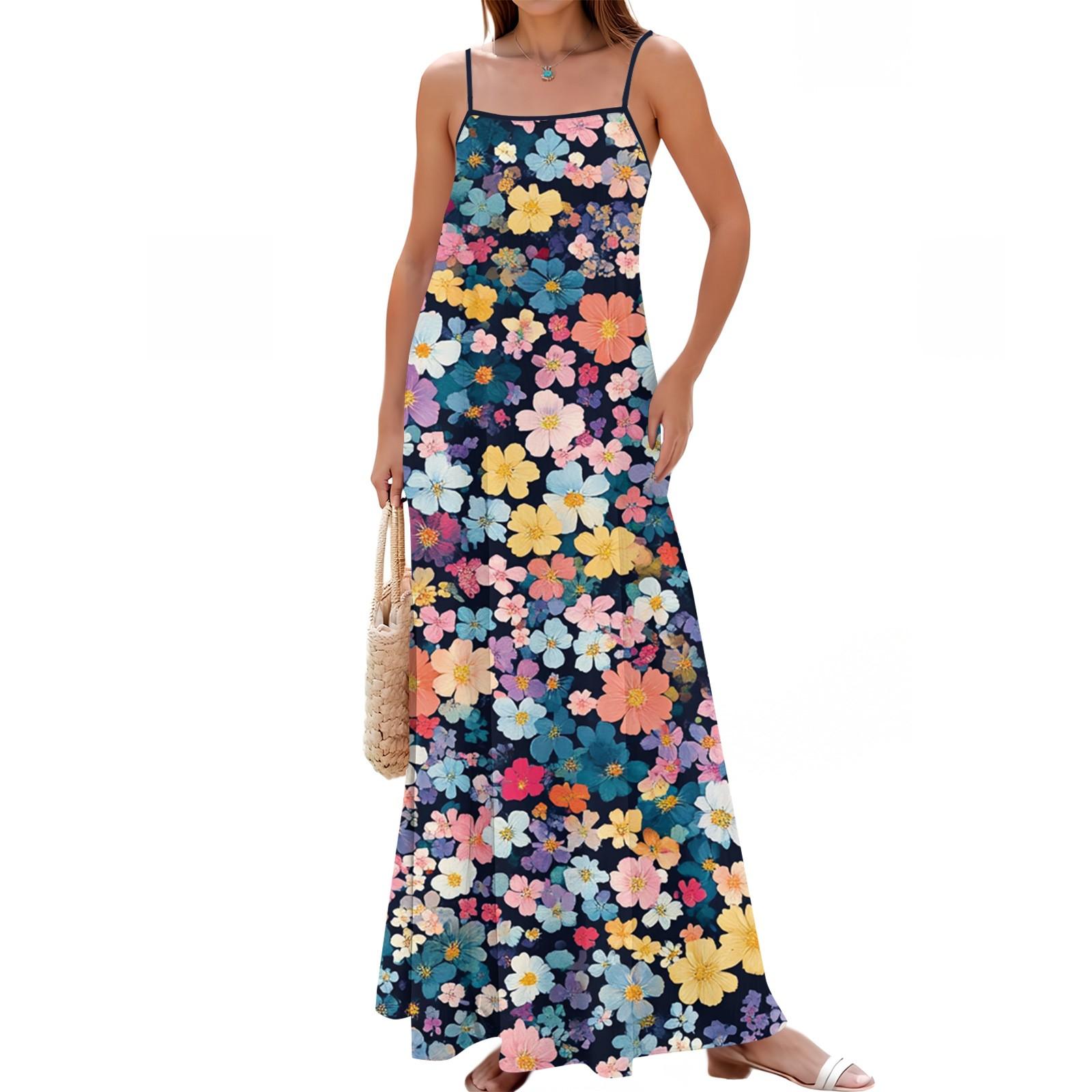 

Женское весенне-летнее повседневное модное платье-сарафан с регулируемыми бретелями и принтом S тёмно-синий