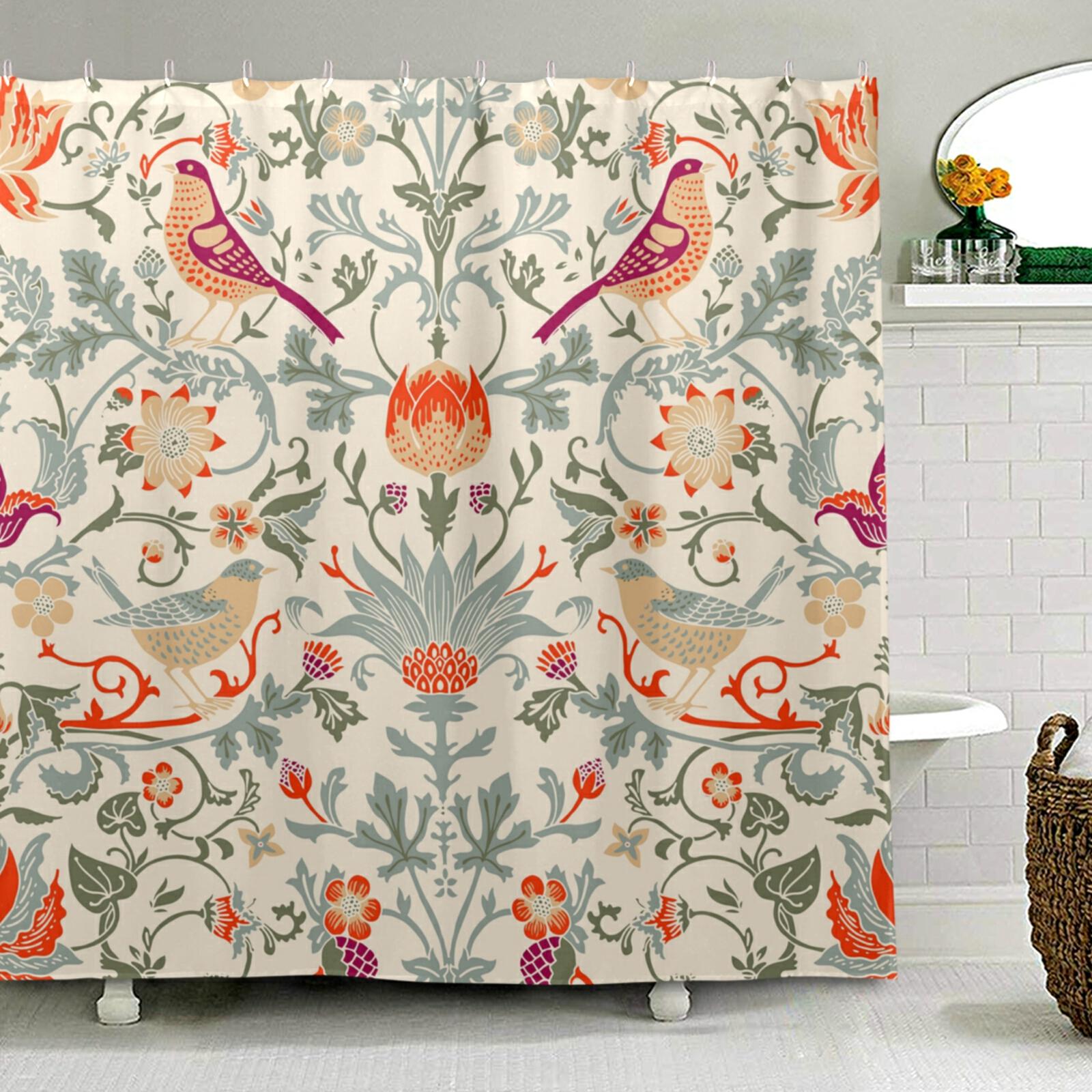 Jessica Chen William Morris Flower Pattern Bath Curtain Waterproof Polyester Fabric Shower Curtain Bathroom Decorative Curtain Bathing Cover