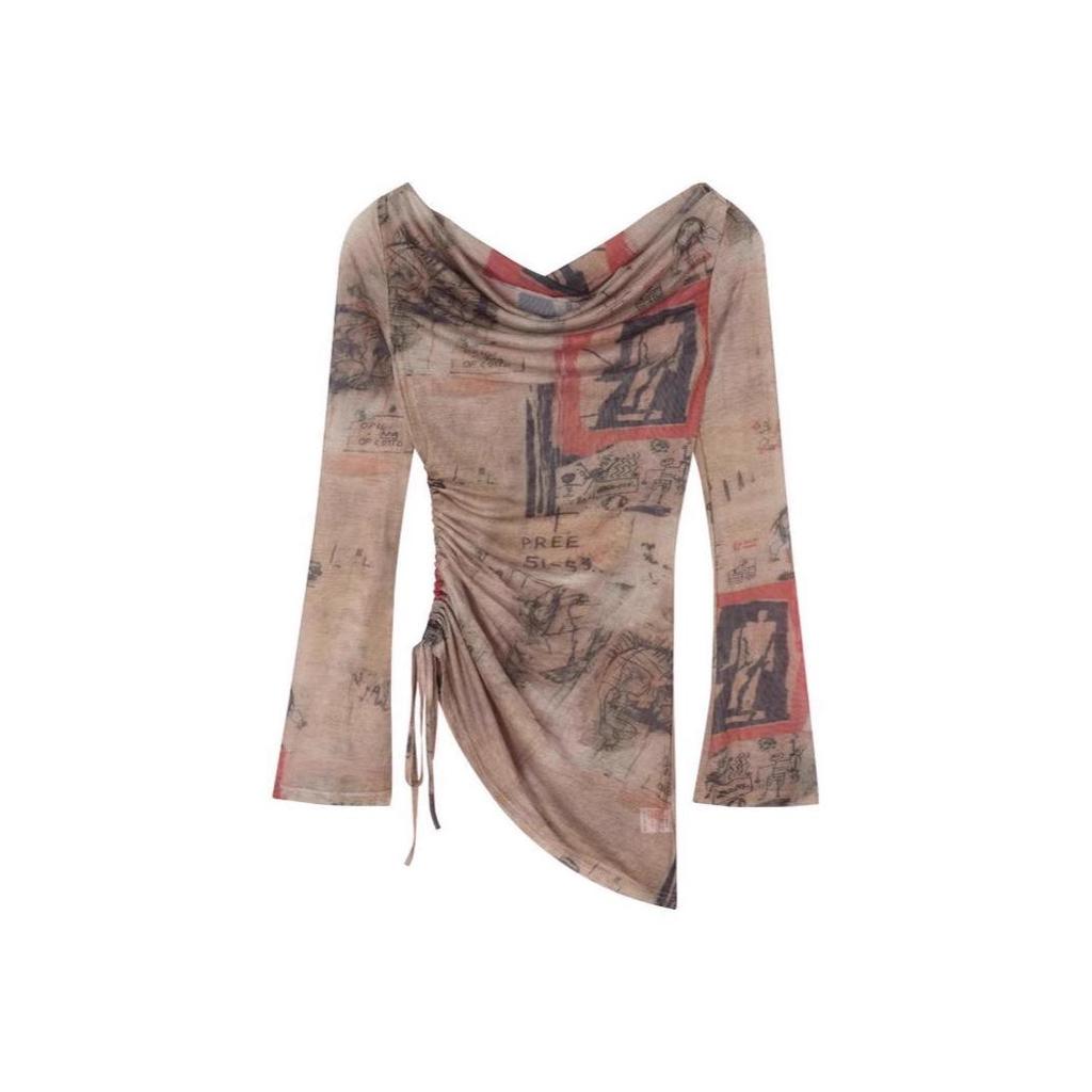 Amerikanische Retro Ein-Schulter Mesh Bluse - Langärmeliges Frühlingsdesign