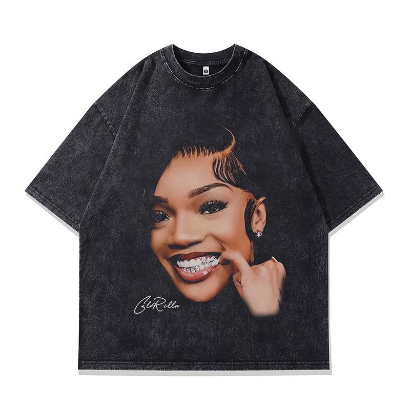 Men'S Short-Sleeved T-Shirt American Retro Portrait Print Washed Half-Sleeved T-Shirt Men'S And Women'S Tide