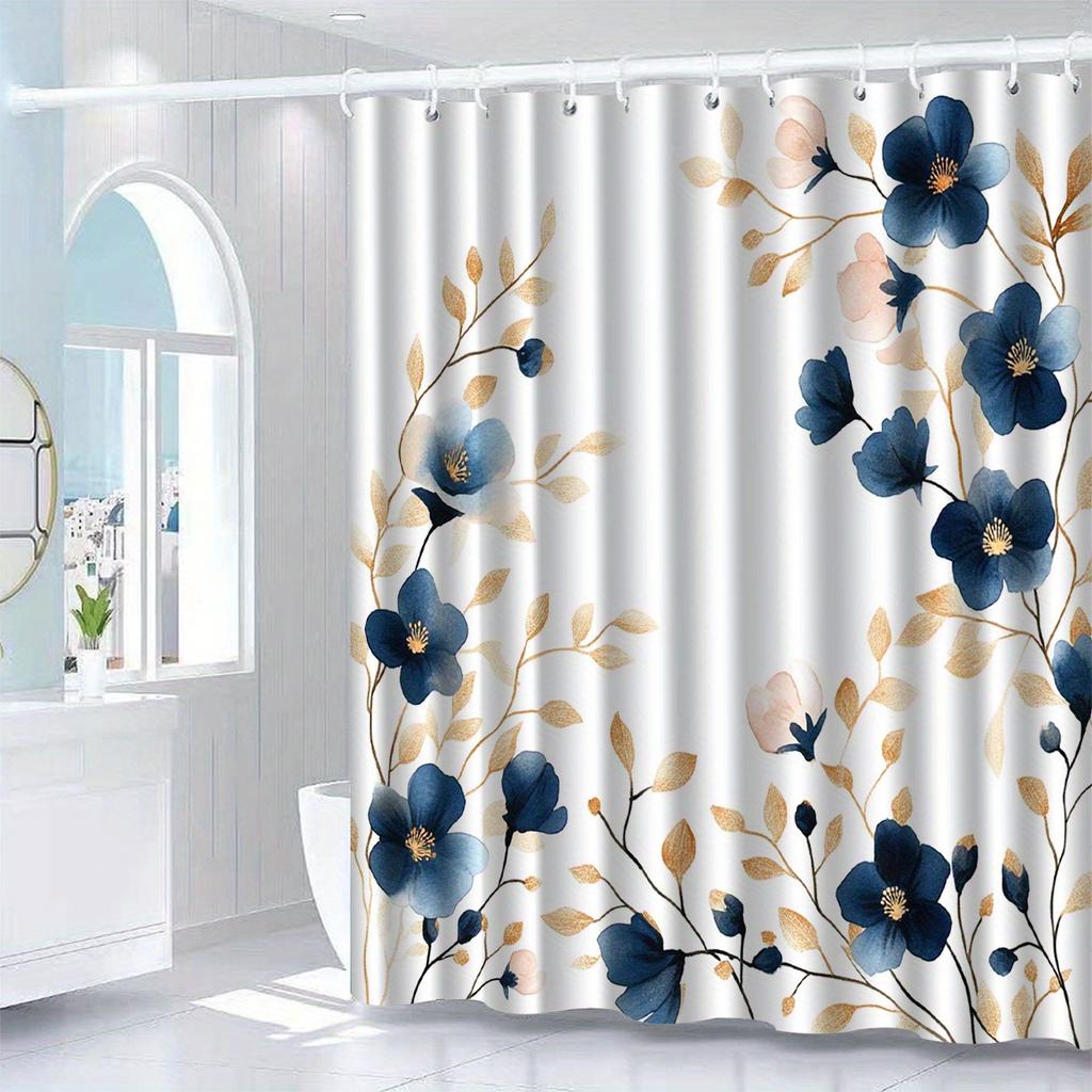 1Pc Blue Floral Pattern Shower Curtain With Hook, Shower Curtain, Bathroom Partition, Bathroom Accessories, Home Decoration