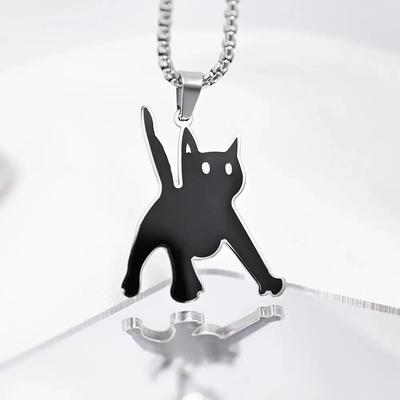 Titanstahl Verängstigte Katze Halskette Für Frauen Männer Korea Mode Kpop Schwarze Katze Anhänger Pullover Kette Paar Party Geschenk