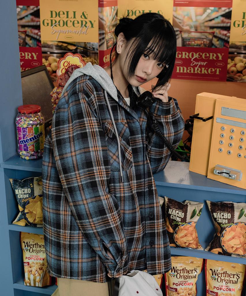 Lemain Second Oversized Flannel Pocket Check Hooded Jacket [Indie Blue]