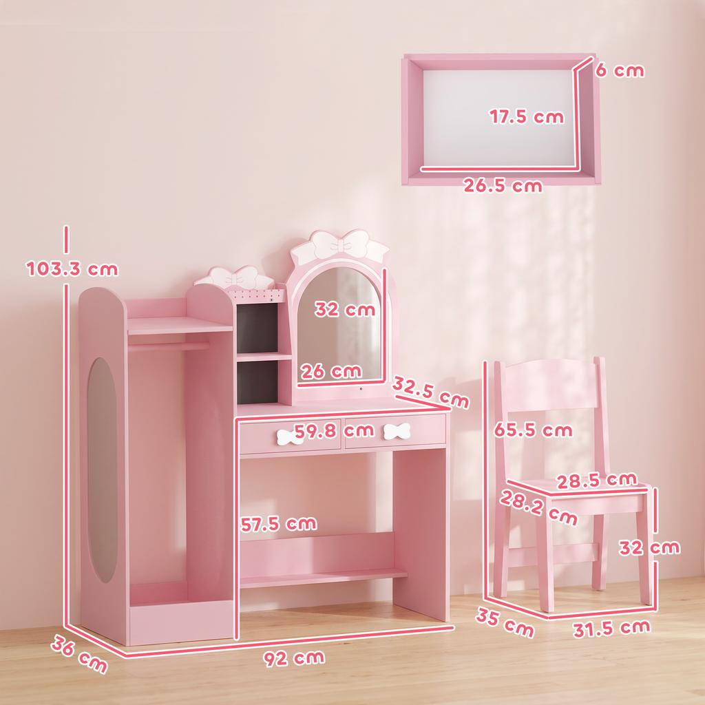 Kids Dressing Table, 3-in-1 Kids Vanity Set with Stool, Pink