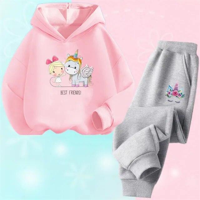 Cartoon Einhorn Pony Kapuzen Baumwollanzug für Mädchen Hoodies und Hosen zweiteilige Outfits Frühling Herbst Sportkleidung 3-14 Jahre