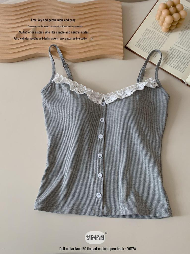 Spring Ribbed Cotton Doll Collar Lace Camisole - Slim Fit, Versatile Fashion Top