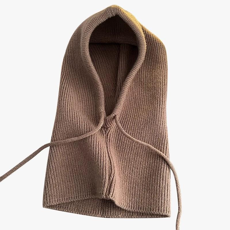 Winter Womens Hats Unisex Knitted Hooded Neck Collar Cap Beanie For Men & Women Drawstring One-Piece Hats Warmer Balaclava Cap