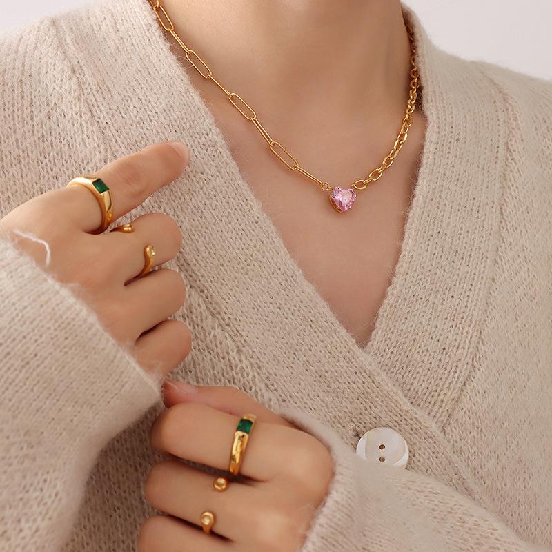 Korean New Trendy Sweet Girl Pink Zircon Inlaid Love Pendant Necklace Internet Celebrity Temperament Design Sense Collarbone Chain