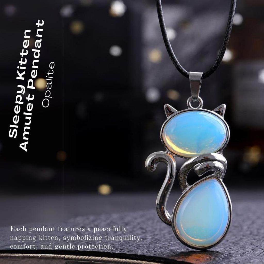 of Sleeping Kitten Amulet Pendant Substitute Cat Necklace Healing Stone Charm Protection Accessory Talisman Amulet with 45cm Chain [Magic Sedona]