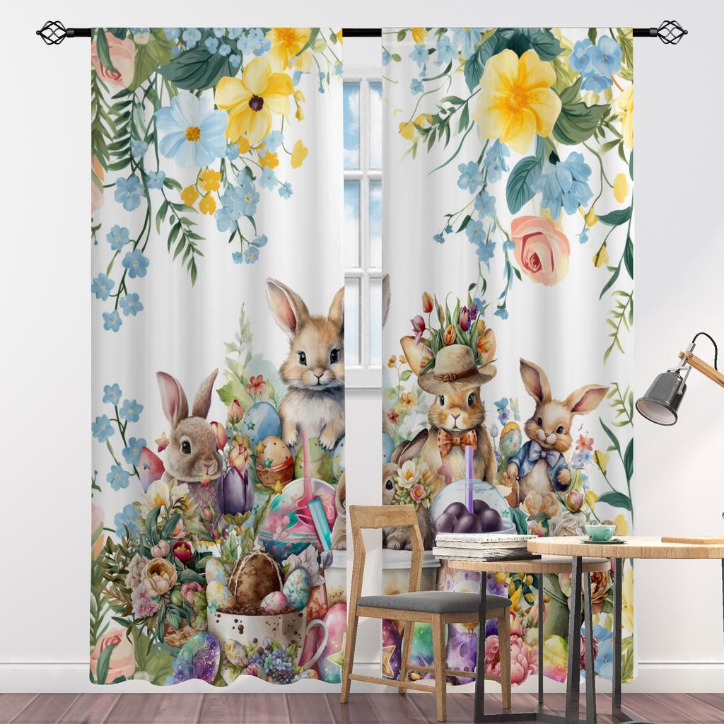 Set Easter Rural Rabbit Couple Print Design Semi-transparent Curtains Living Room Game Interior Room Bedroom Multi-scene Polyester