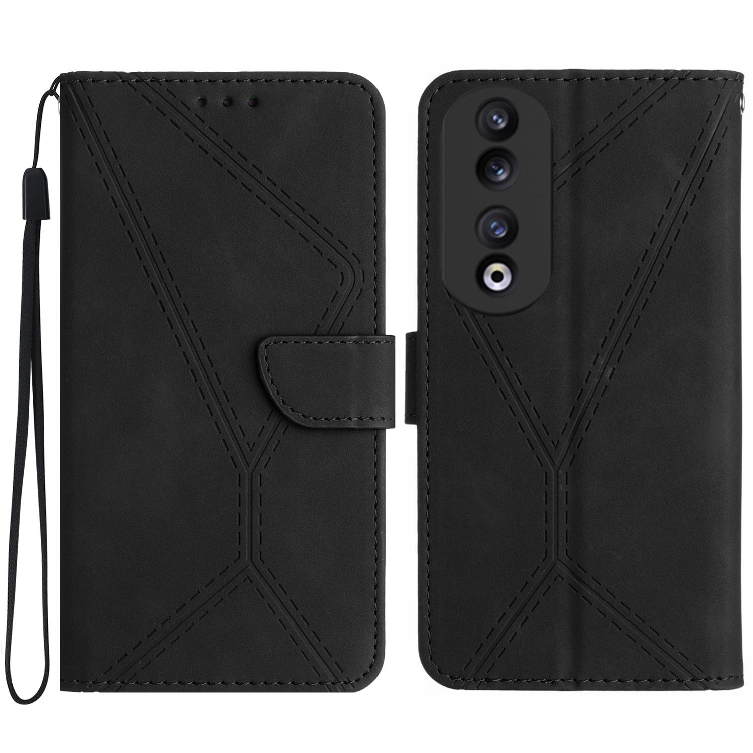 

HT05 Stand Wallet Phone Cover for Honor 90,Skin-touch PU Leather Imprinted Line Case Black