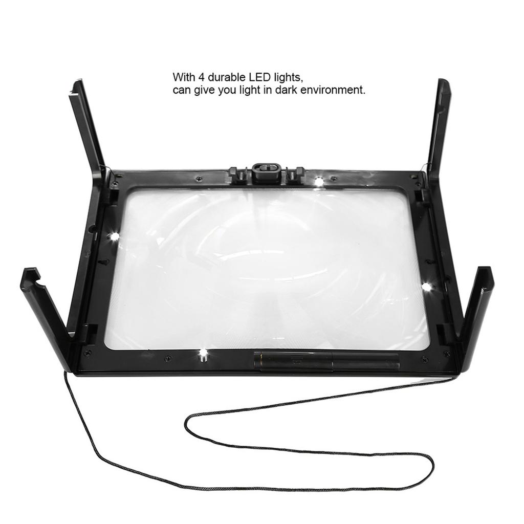 Foldable Ultrathin A4 Full Page Magnifying Glass with 3X Magnifier 4 LED Lights for Reading