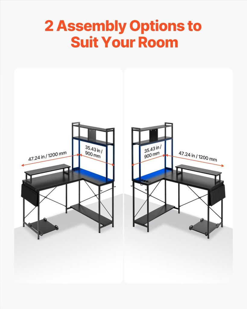 L-Shaped Gaming Desk with LED Lights, 1.2m Reversible Corner Computer Desk with Monitor Stand, Power Outlets, Movable CPU Stand & Shelf, Modern