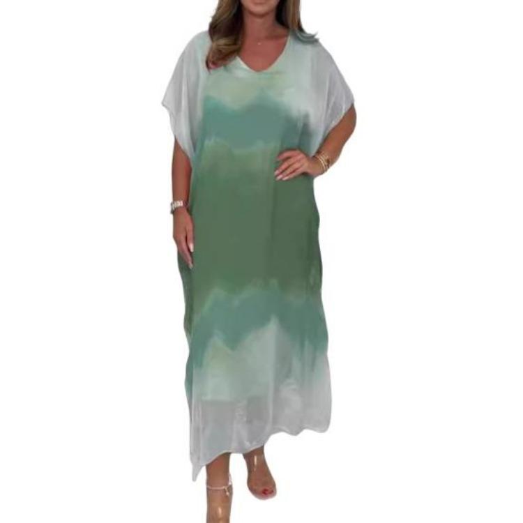 Summer Holiday Beach Sundress Women Casual Long Maxi Dress Gradient Printed V Neck Short Sleeve Loose Chiffon S