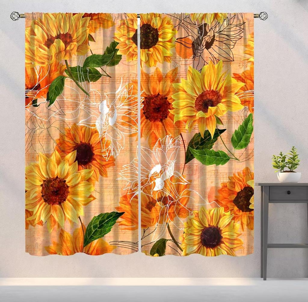 Farmhouse Sunflower Curtains Country Vintage Floral Wooden Board Art Printed Window Drapes Bedroom Kitchen Decor Room Darkening Polyester Master